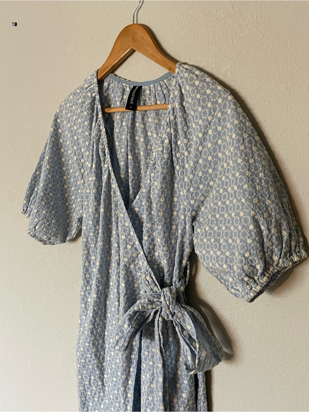 Minkpink Blue Vale Mini Dress - puff sleeve wrap dress eyelet tie coastal